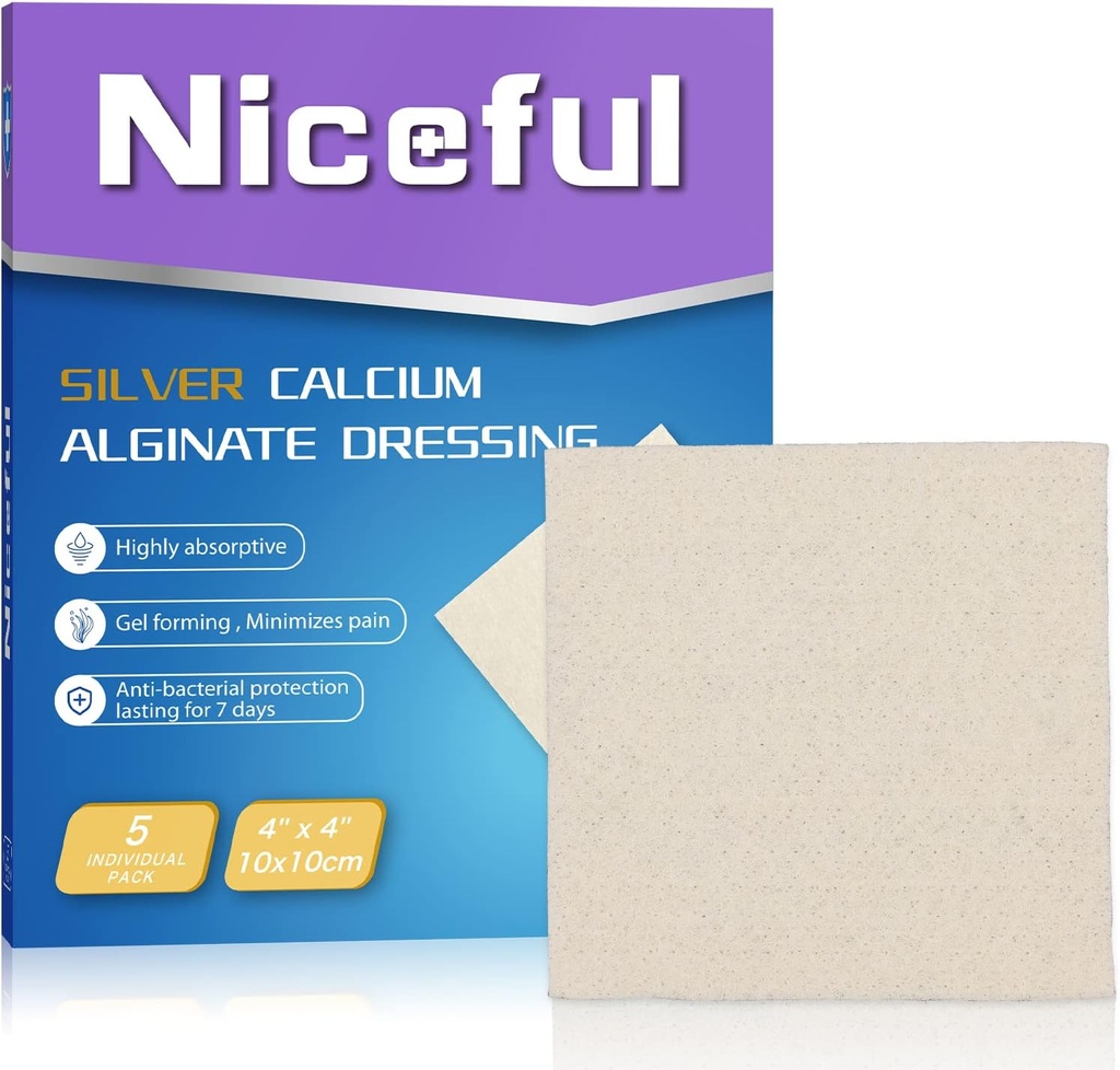 Silver Calcium Wound Dressing 4X4, HSA FSA Berättigad, Högt Absorbent Ag Silver Calcium Alginate Wound Dressing Pads Soft, 5 Pcs