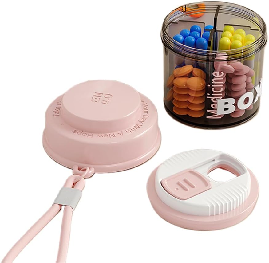 Pink Pill Box för kvinnor handväska, Small Pill Box, Travel Pill Organizer, 4 fack för Pill Bottles, passar i Pocket, Handbag Pill Organizer, Travel Pill case (Pink)
