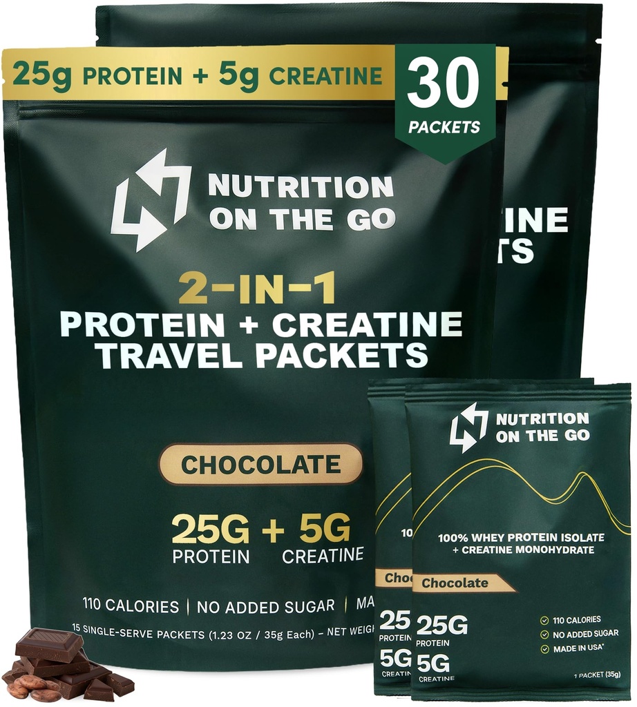 Näring på Go Whey Protein Isolat Packets med Kreatin - 25g Protein + 5g Kreatin - Single-Serve Travel Protein Powder - Choklad (30-Pack)