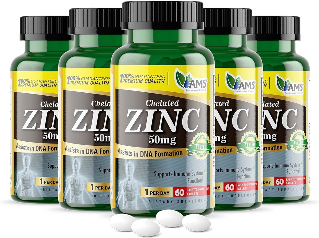 Amerika Medic & Science Chelated Zink 50 mg Kosttillskott (5 paket med 60 tabletter) Immun Booster och kraftfulla antioxidantpiller för vuxna män och kvinnor | Mycket absorberbart mineral, förbättrar humör och sömn