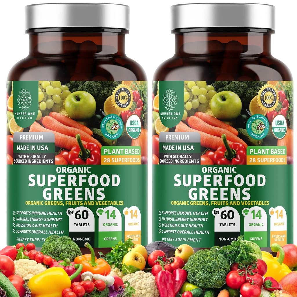 2-Pack N1N Premium Organic Green Superfood, Fruits & Veggies [28 Kraftfulla ingredienser] Naturtillskott med Alfalfa, Beet Root & Tart Cherry för energi, immunitet, Digestion, 120 Ct