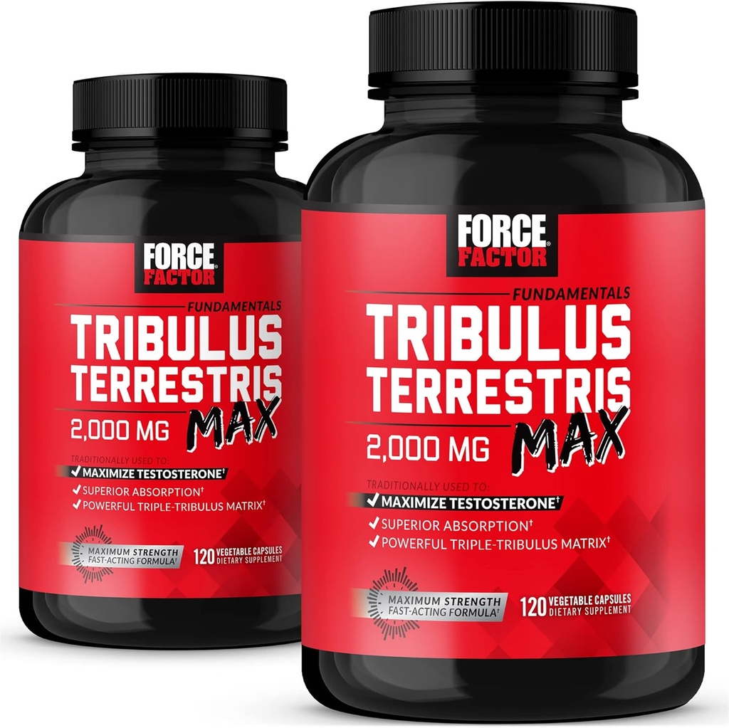 FORCE FACTOR Tribulus Terrestris Max för Män 2-Pack, Testosteron Booster, Male Vitality Supplement, Made with Key Natural Ingredients Superior Absorption, 2000mg, 240 kapslar, Red