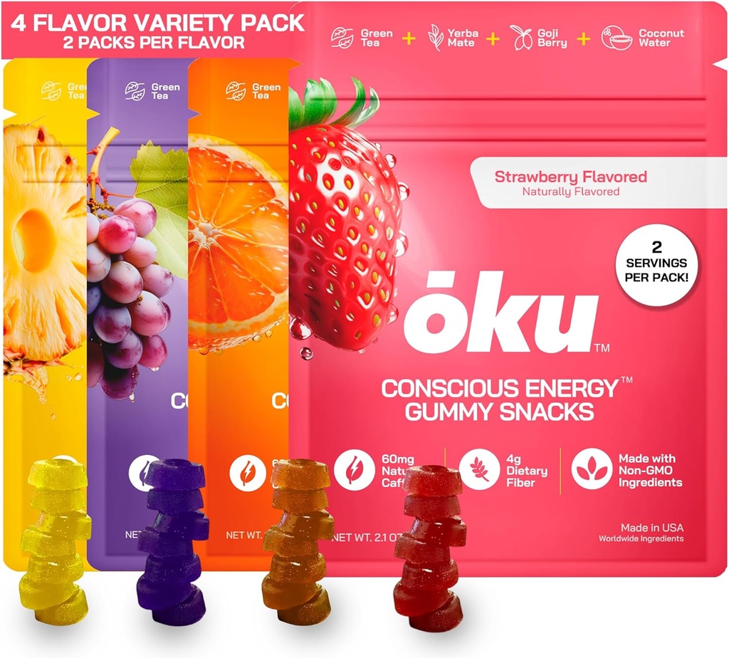 ōku Energy Chews - Energy Gummies w/Natural Caffeine från Green Tea | Yerba Mate, Coconut Water for Hydration, 4g Fiber Gummy, Non-GMO | Körning, Cykling, On-The-Go Snacks, Variety Pack (8-pack)