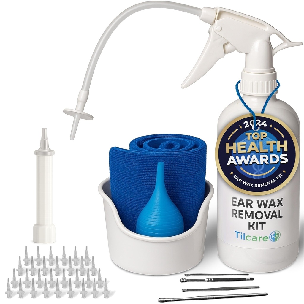 Ear Wax Removal Tool by Tilcare - Ear Irrigation Flushing System for Adults & Kids - Perfekt Ear Cleaning Kit - Inkluderar Basin, Syringe, Curette Kit, Towel och 30 Disposable Tips