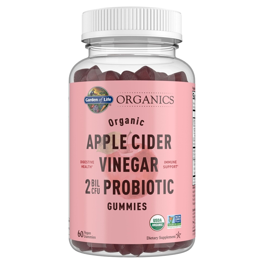 Garden of Life Apple Cider Vinegar Probiotic Gummies USDA Organic ACV Gummy Vitamins, 2 miljarder CFUs, Whole Food Vitamin B12-60 Vegan, Non-GMO Gummies för Digestion & Immunity