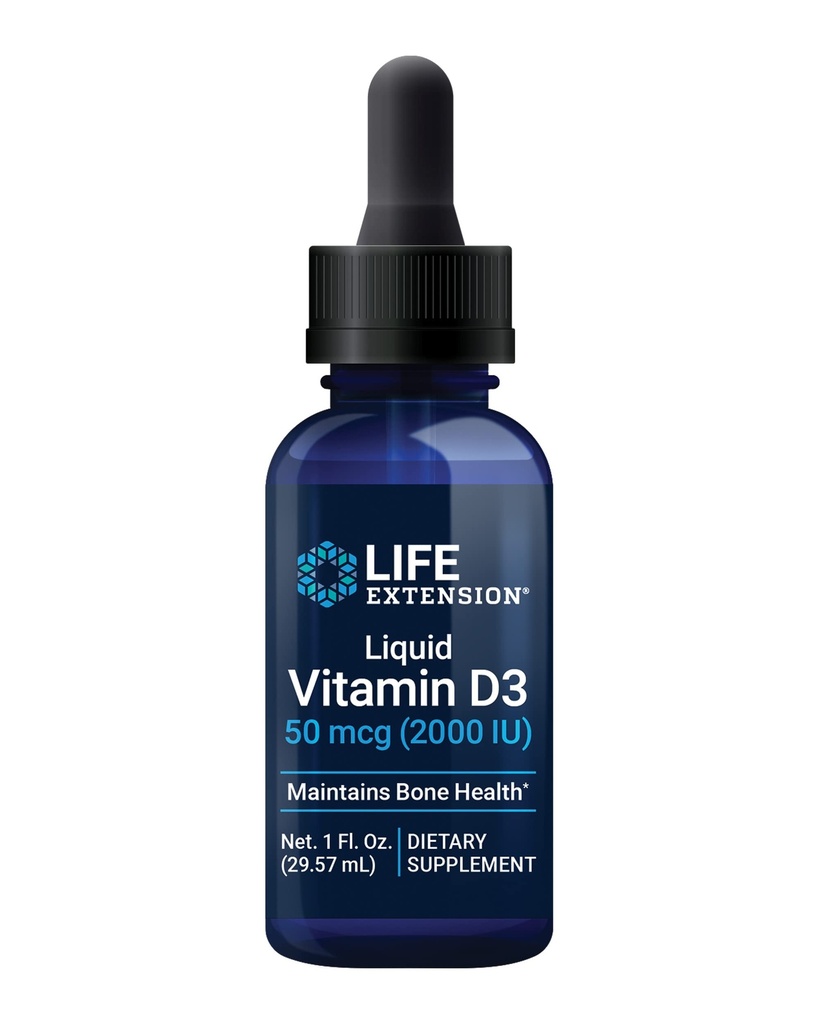 Life Extension Liquid Vitamin D3, 50 mcg (2000 IE), Immune System Support, Bone Health, Whole-Body Health, unflavored, Gluten-Free, Non-GMO, 29,57 ml
