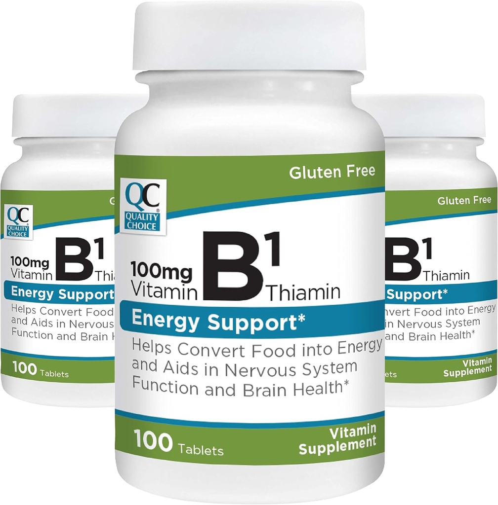 Kvalitetsval Vitamin B1 Thiamin 100 mg Energisupport, Nervous System Function, & Brain Health Vitamin Supplement Tablets, 100 Count Bottles (3 Pack)