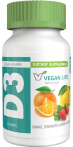 Vegan Life Nutrition - D3 Gummies för barn och vuxna (1000 IE) - Glutenfri, icke-GMO, stöder benhälsa och immunsystem - 60 Gummies