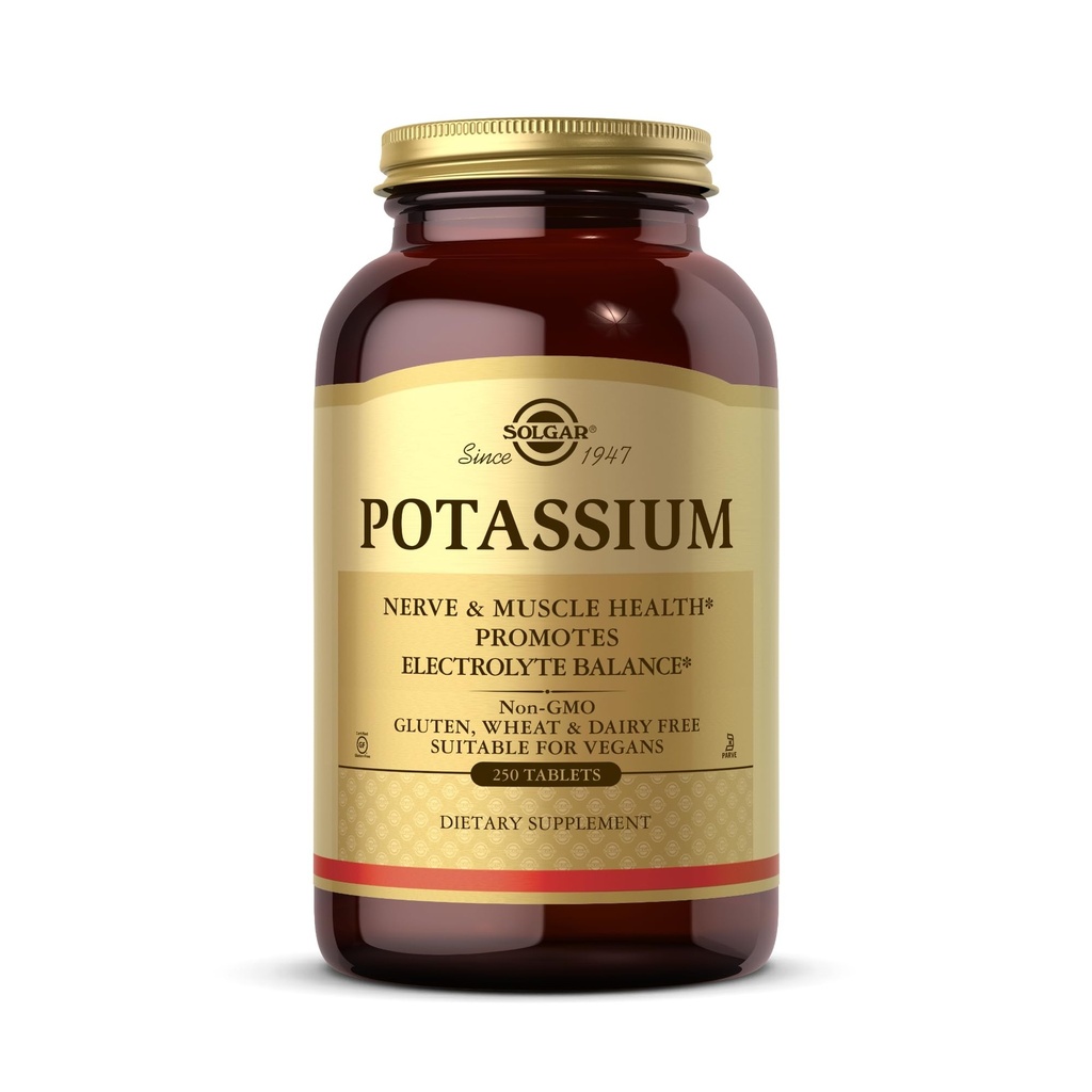 Solgar Potassium - 250 tabletter - Nerve & Muscle Health, främjar Electrolyte Balance - Vegan, Gluten & Dairy Free, Kosher - 250 portioner