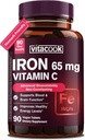 Järntillskott för kvinnor män | High Potency Iron 65mg med vitamin C 250mg | Mager vänliga järnpiller för Red Blood Cell & Immune Support | Vegan, icke-GMO & Gluten Free | 90 tabletter