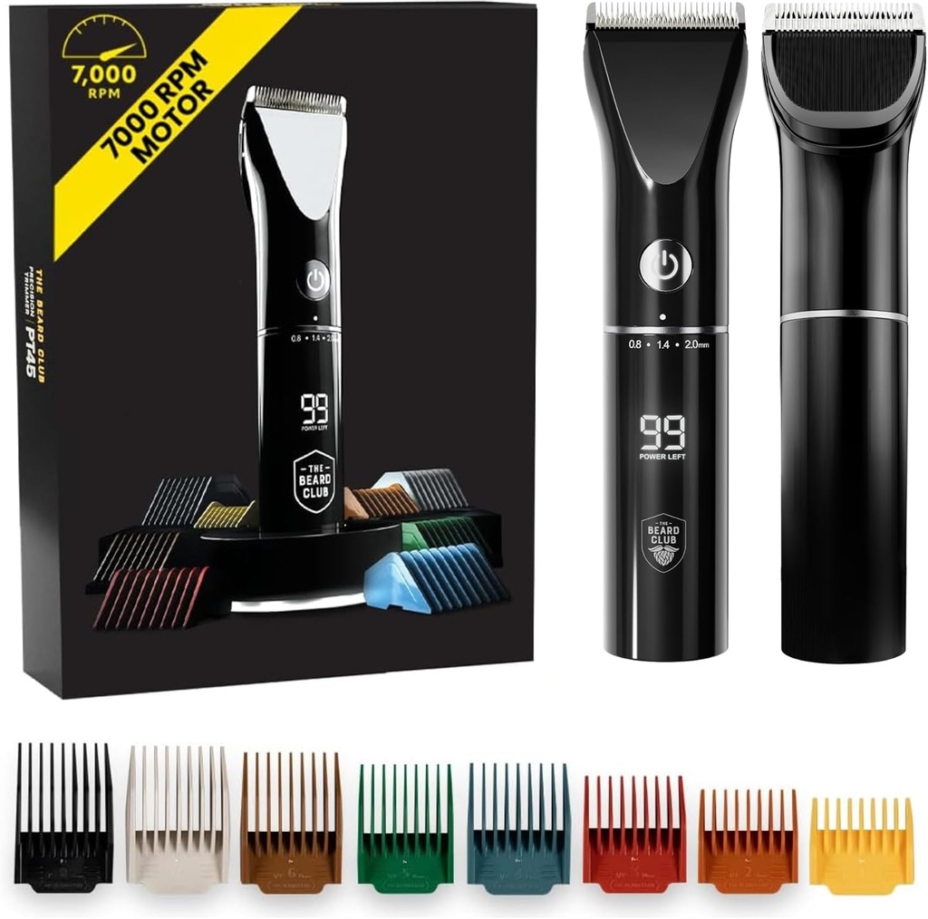 The Beard Club Beard Trimmer for Men - Electric Cordless Rechargeable Beard & Hair Trimmer - High Power 7000 RPM - 8 Color Guides 45 Unique Trim Lengths - Travel Lock