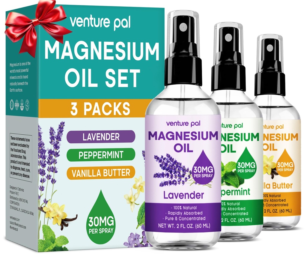 Venture Pal 3-Pack Topical Magnesium Oil Spray Set för fötter - Idealisk present för avkoppling, bättre sömn, muskelavlastning för ben och gemensamma, hälsosamt hår och hud. Fast Absorption, icke-Greasy