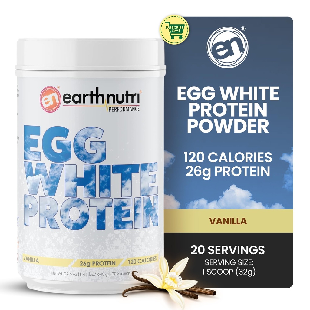 EarthNutri - Egg White Protein Powder Supplement för Pre, Intra eller Post Workout, 26g Protein Per Serving, stöder muskelstyrka och återhämtning, inga konstgjorda tillsatser - Vanilla 20 portioner (640g)