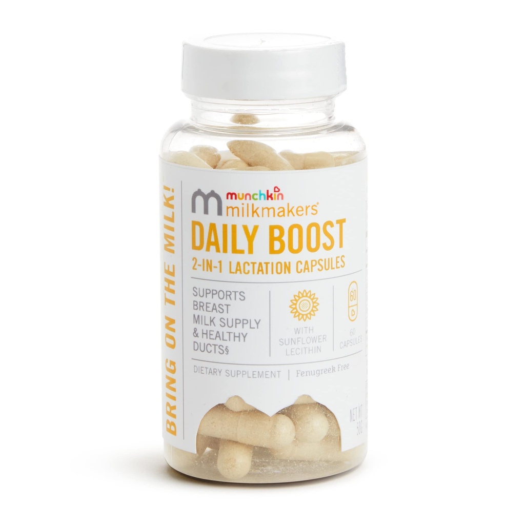 Munchkin® Milkmakers® Daily Boost 2-i-1 Laktationstillskott för amning, omvårdnad och pumpning av mammor - Fenugreek Free, 60 kapslar