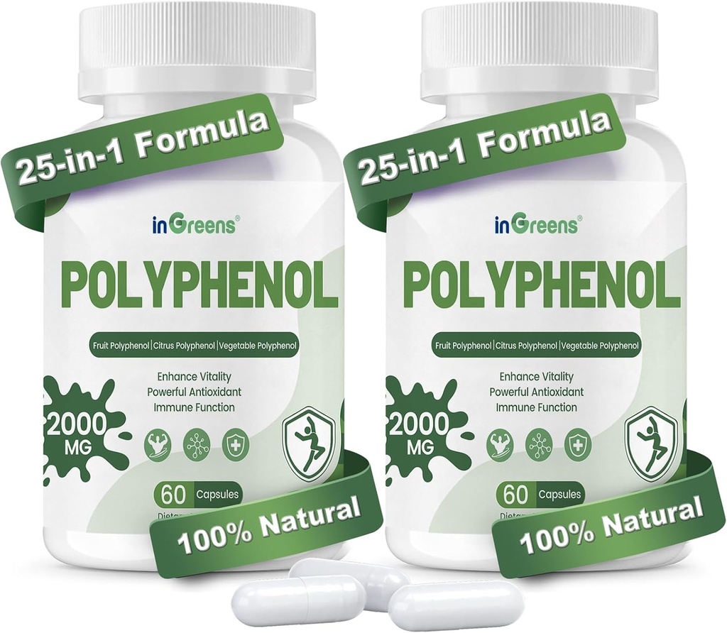 25-i-1 polyfenoler tillskott, 2000MG kraftfulla antioxidanter och polyfenol för åldersförsvar, polyfenol superfood, Quercetin, Resveratrol, växtbaserad och energi, immunstöd, 120 kapslar