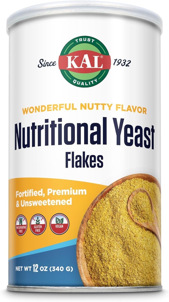 KAL Nutritional Yeast Flakes, befäst med B12, Folic Acid & Other B Vitaminer, Osötad, Stor Nutty Flavor, Vegan & Gluten Free, 60-Day Money Back Guarantee, Made in the USA, 34 Servings, 12oz
