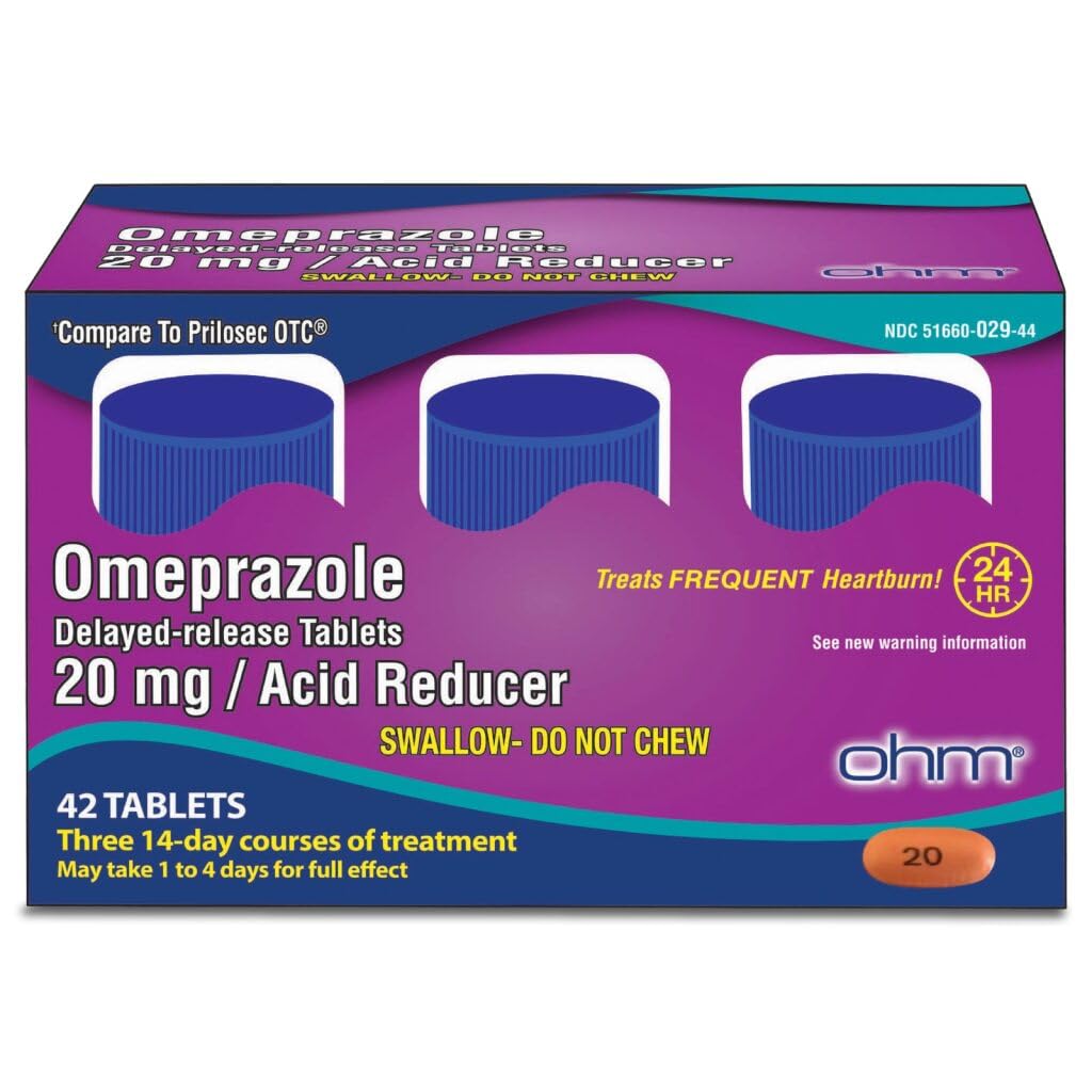 Ohm Omeprazole 20mg, 42 fördröjda-släpp tabletter, sydreducer för frekvent Heartburn, 24-timmars Relief Heartburn Medicine, hjälper till att lindra mage och bröstbesvär (6 veckors leverans, 42, greve)