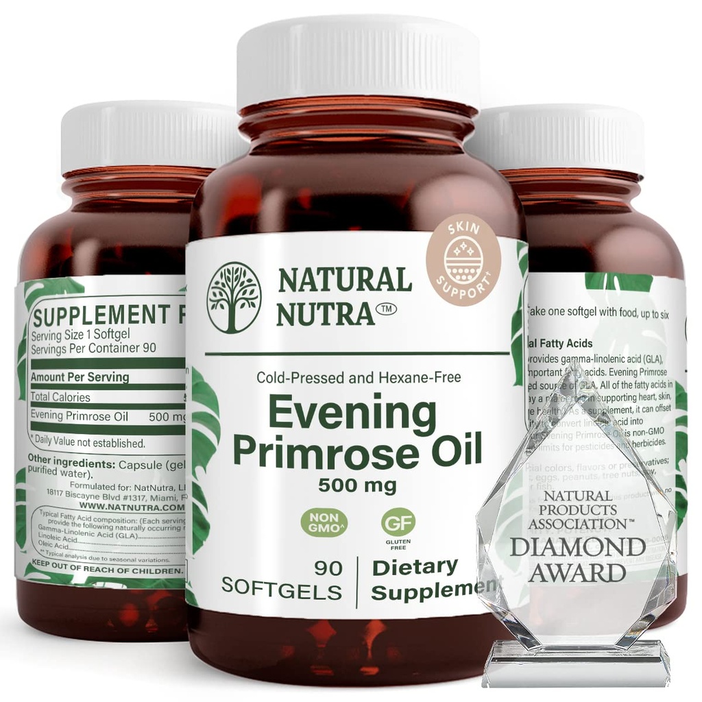 Natural Nutra Evening Primrose Oil Supplement från Fatty Acid, Nerve Health, hjälper till att minska hudfläckar, balanskroppssekretioner, främja hjärthälsa, huden Clarity, 500 mg, 90 Softgels