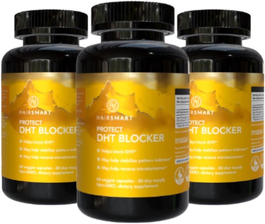DHT Blocker för män och kvinnor, Gluten-Free Formula, Saw Palmetto, Stinging Nettle, Green Tea, Pygeum Bark & Pumpkin Seed | Hårtillskott för hårväxt, 60 greve, Pack av 3