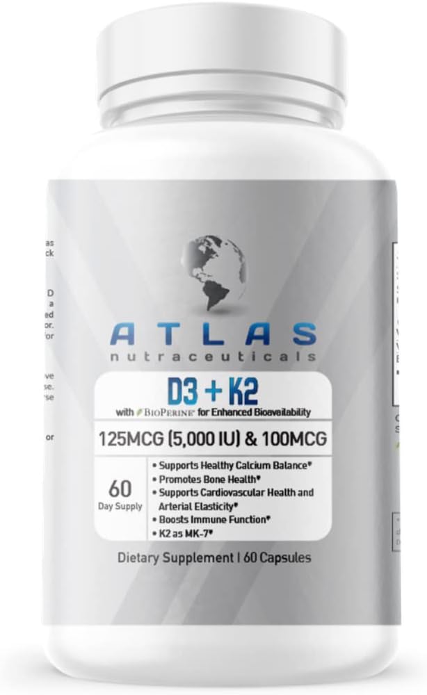 Atlas Nutraceuticals-Vitamin D3+K2- Vitamin D3 5000IU Plus K2, 2 i 1 Formel, MK7 Vitamin K2, 60 kapslar, Immun Vitamin Complex