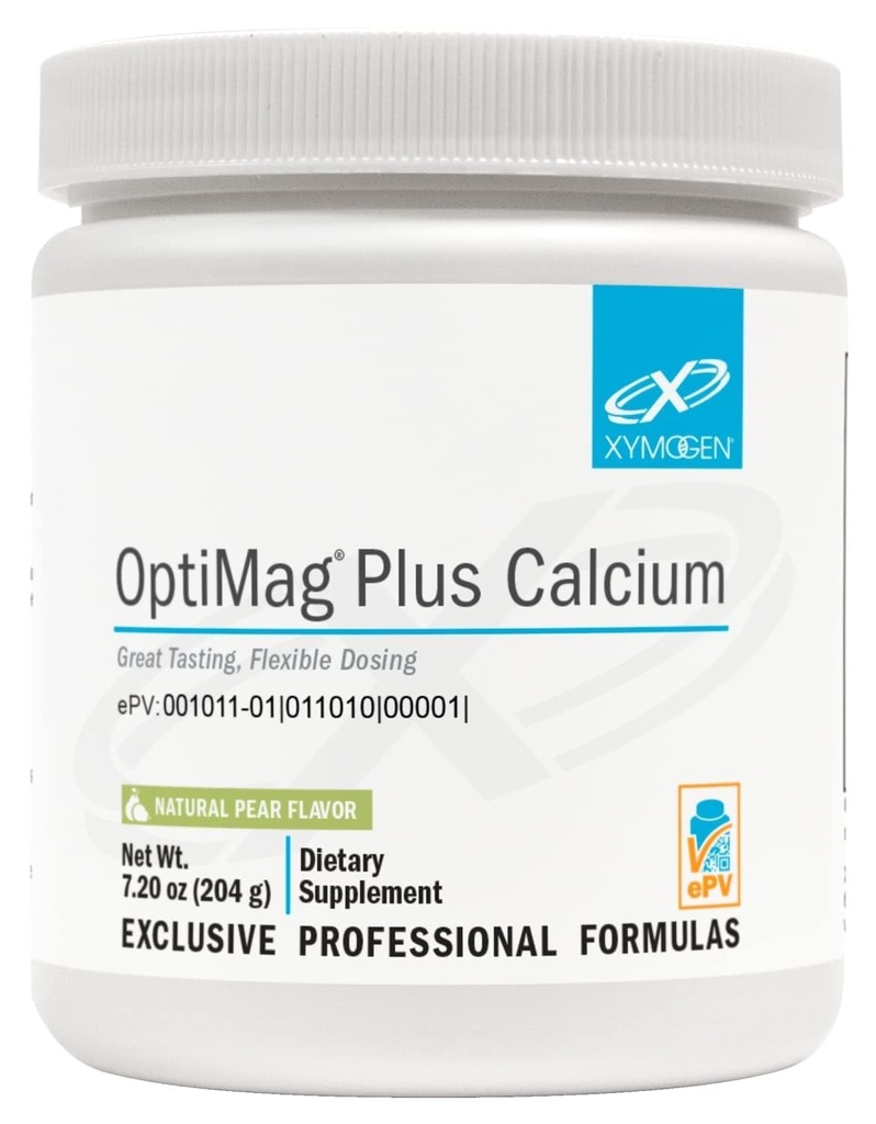 XYMOGEN OptiMag Plus Calcium - Stor smak Magnesiumpulver med kalcium för att stödja lugna beteenden, hälsosamt humör, hälsosamt ben + muskelfunktion - Pear smak, med Magnesium Malate (7,2 oz)