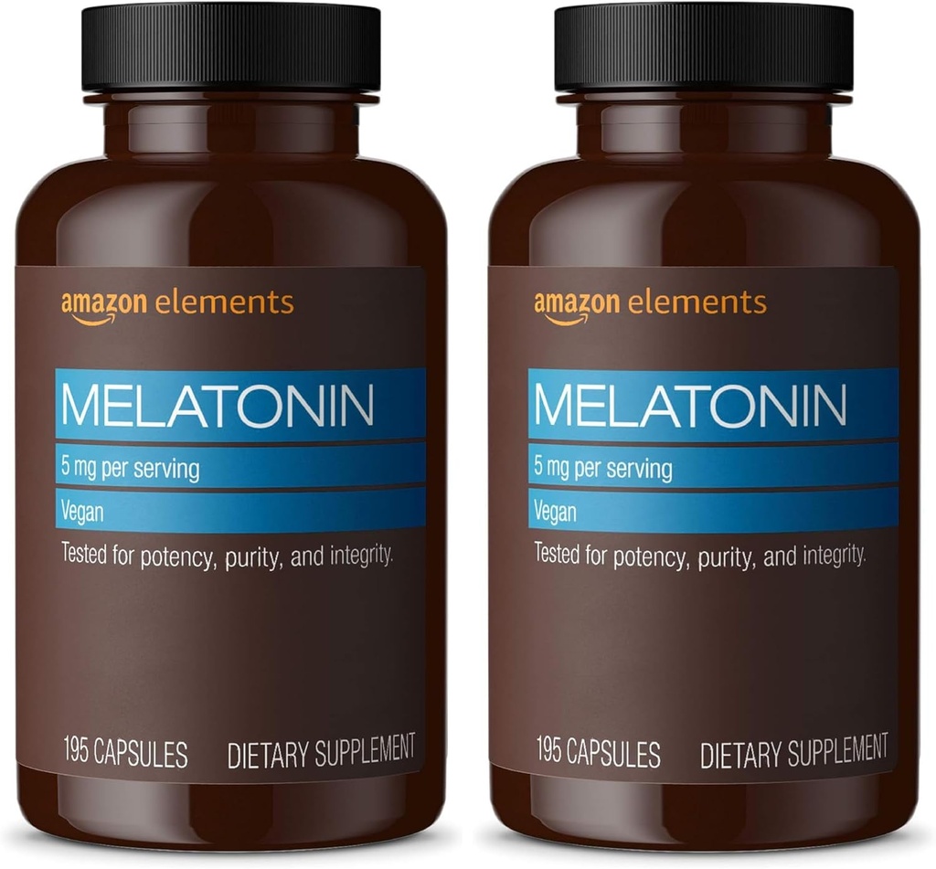 Element - Melatonin 5mg kapslar, hjälper till med yrkes sömnlöshet, Vegan, Unflavored, 195 greve (Pack of 2), 6 månaders leverans (Packaging May Vary)
