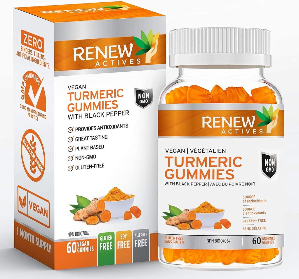RENEW ACTIVES Vegan Turmeric 130MG per 2 Gummies med svartpeppar för förbättrad absorption - Antioxidant Support & Immune Health - Stor smak, lätt att svälja tillägg, tillverkad i Kanada - 60 Gummies