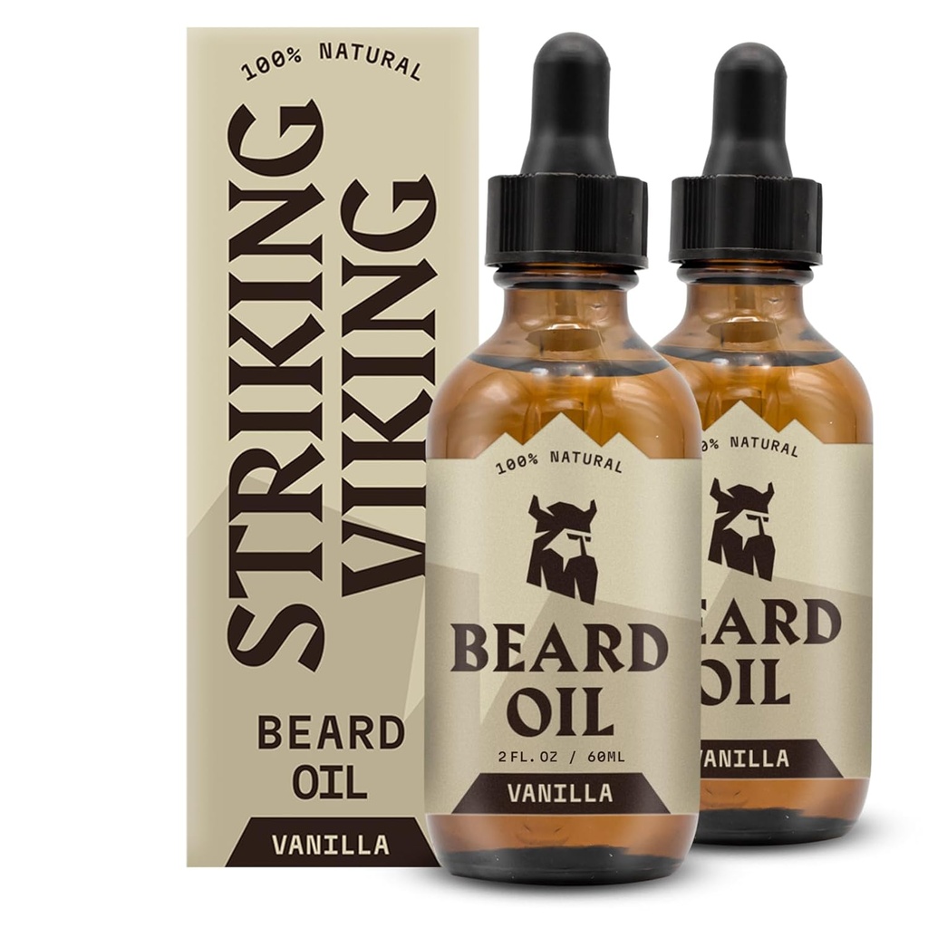 Striking Viking Beard Oil för Män - 2 Fl Oz, Pack of 2, Vanilla Scent - Naturligt härledd Conditioner med Almond, Tea Tree, Argan & Jojoba Oil för Beard Growth, Softening & Moisturizing
