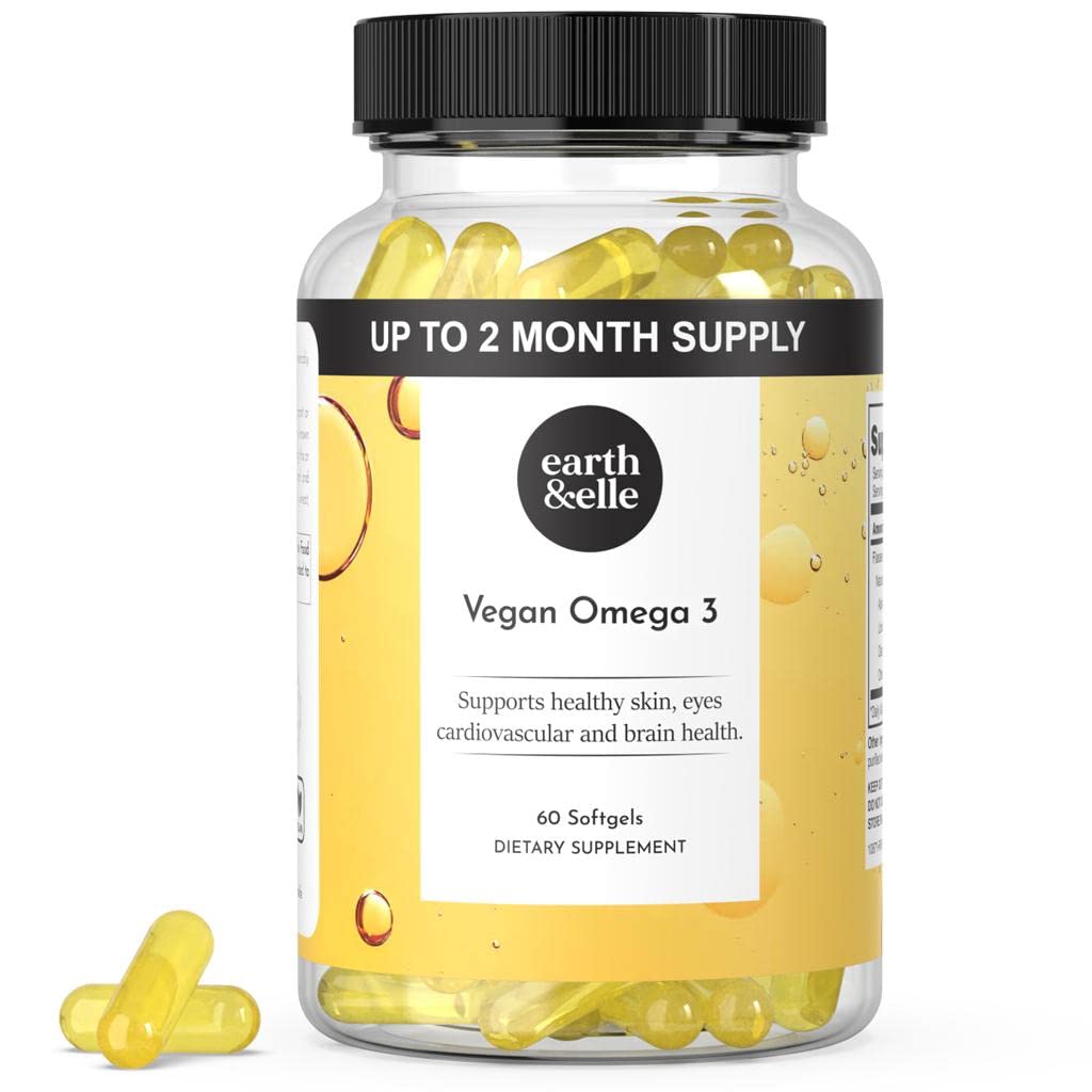 Earth & Elle Algae Omega 3 Supplement - Vegan Omega 3 - Omega 3 Vegan Supplement w / Algae Oil & Vegan DHA - Hjälper till att stödja hjärt- och hjärnhälsa 1000 mg per portion - No Fishy Aftertaste 60 Softgels
