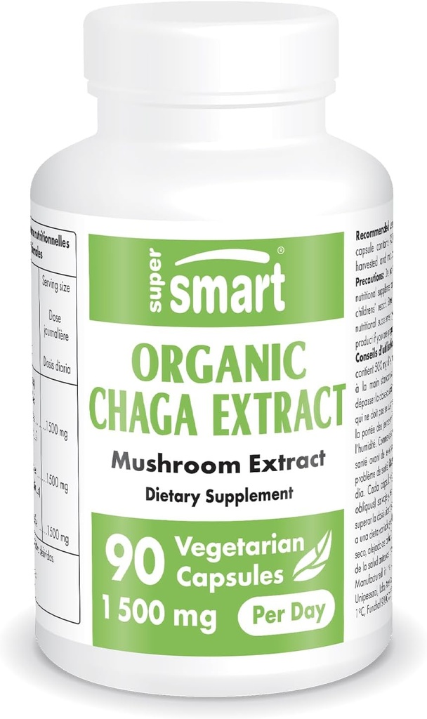 SuperSmart Organic Chaga Extract 1500mg per Day (High Strength) - Wild & Hand Picked Chaga Mushrooms Supplement | Non-GMO & Gluten Free - 90 Vegetarian Capsules