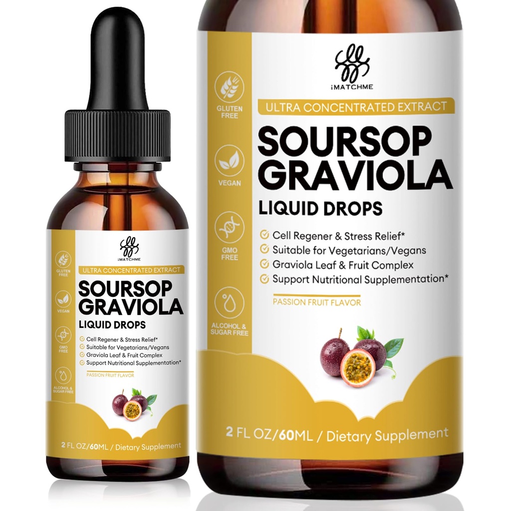 iMATCHME Premium Soursop Graviola for Digestion, Support Healthy Skin & Sleep, Soursop Extract Liquid Drop från Graviola Leaf och Fruit, Sugar/Caffeine/Gluten Free, Passion Fruit Flavor, 2 Fl Oz