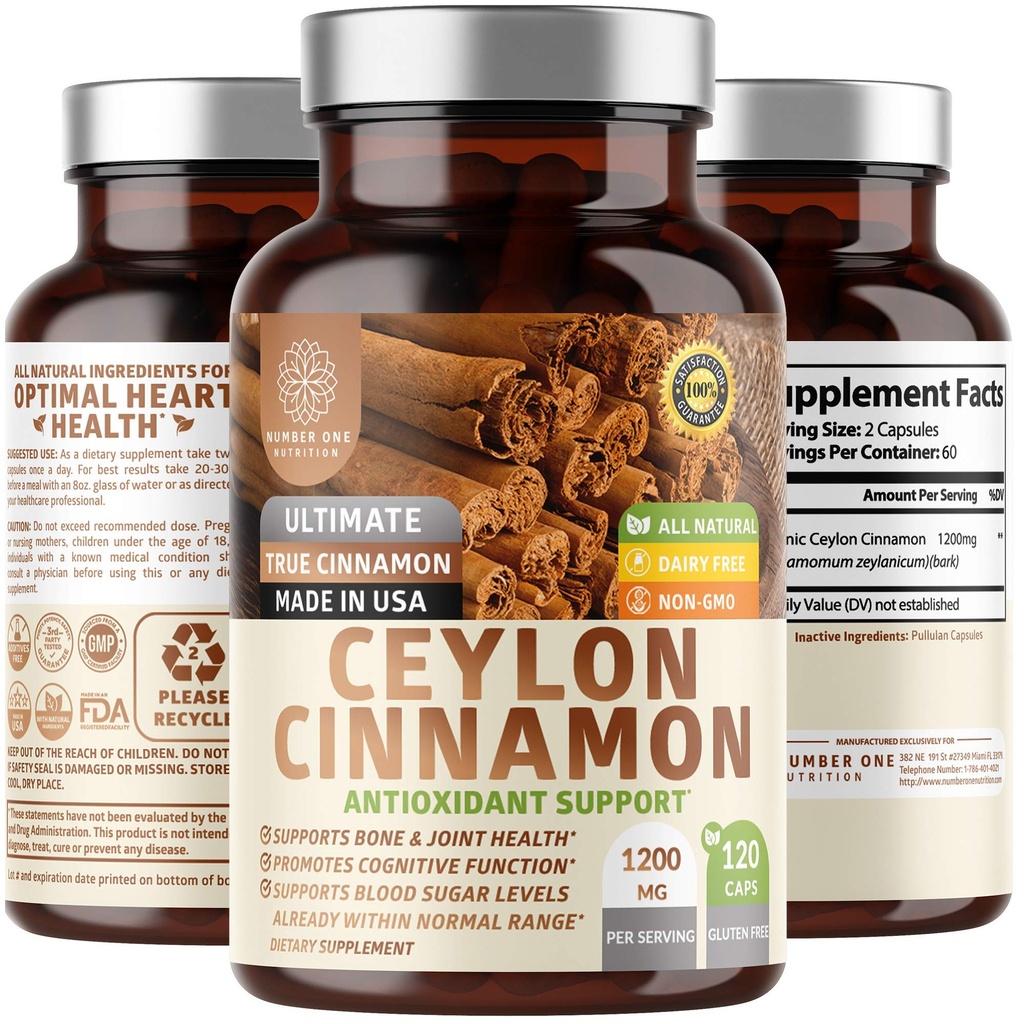 N1N Premium Ceylon Cinnamon 1200mg [100% ekologisk Ceylon Cinnamon] Naturligt tillskott för att stödja hälsosam cirkulation, hjärna och gemensam funktion,120 Caps
