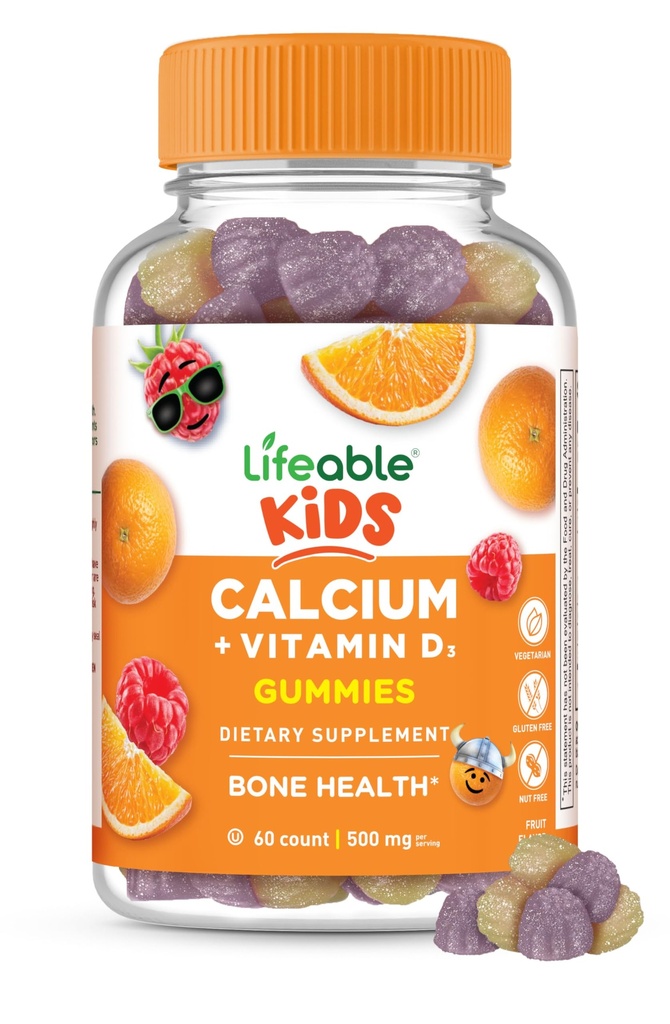 Livliga barn Calcium Gummies med vitamin D3 | 500 mg Calcium med vitamin D3 1000 IE | Stor smak Calcium Supplement för barn | för benhälsa och tänder tillväxt | 60 Gummies