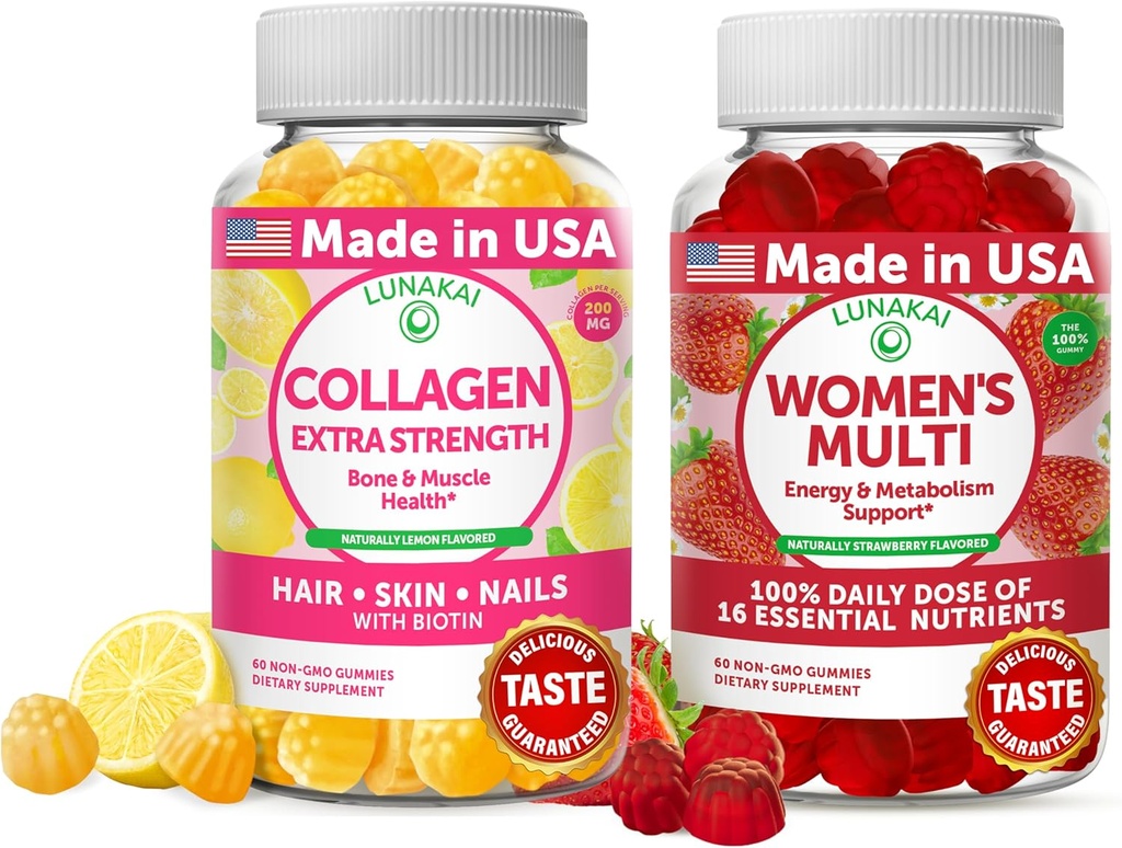 Lunakai Collagen and Women's Multivitamin Gummies Bundle - Non-GMO Anti Aging Supplements with Biotin, Zinc, Vitamin C and E - 100% Daily Value of 16 Essential Vitamins and Minerals - 30 Days Supply