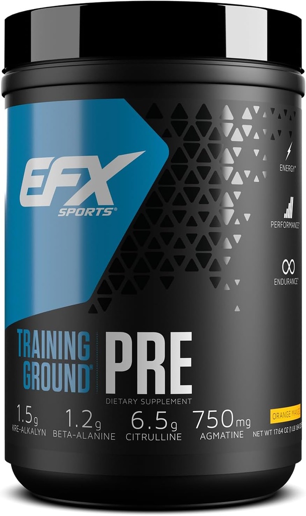 EFX Sports Training Ground Pre Workout Powder | Energy & Muscle Pumps | med Hydromax Glycerol, Citrulline, Beta Alanine | 300mg koffein | 20 portioner (Orange Mango)