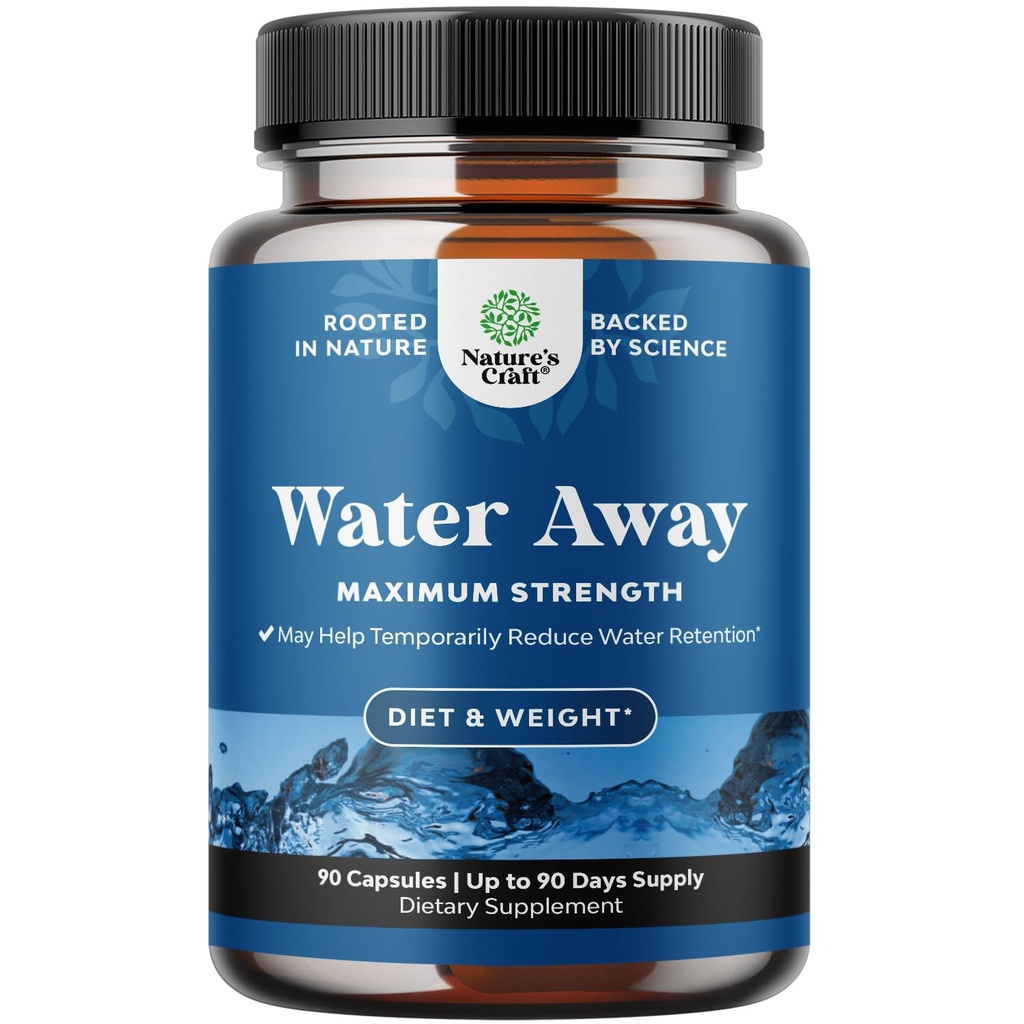 Water Away Herbal Diuretic Pills High Strength - Fluid Retention Supplement med Dandelion Leaf Extract & Green Tea för Bloating Relief för kvinnor och män - kapslar för Leg & Feet Swelling - 90 Count