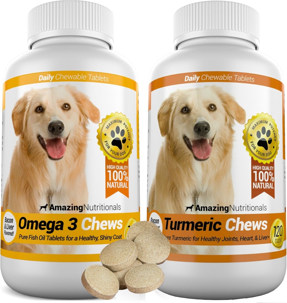 Fantastisk Combo Omega-3 Fiskolja och gurkmeja Curcumin för hundar - ren all-naturlig Pet Antioxidant - främjar Shiny Coat, Brain Health, eliminerar gemensam smärta, 120 Tasty Chews x 2