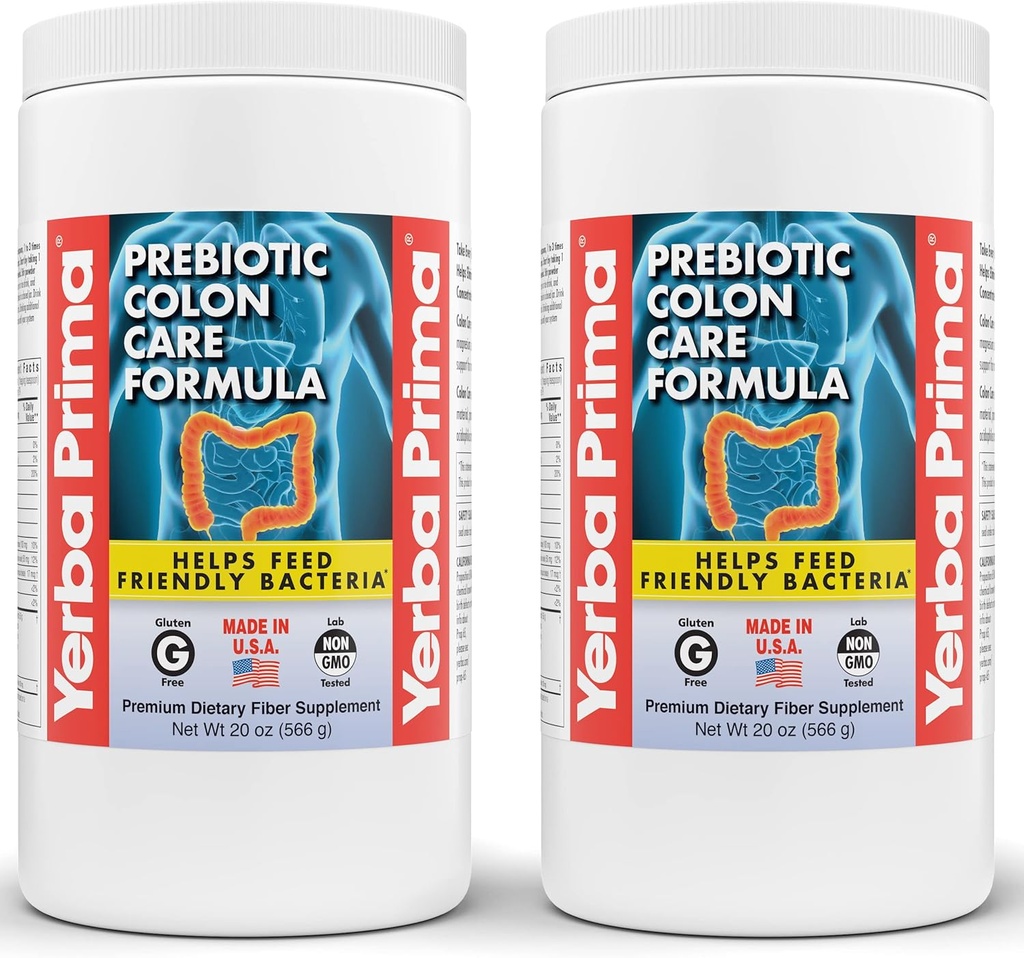 Yerba Prima Prebiotic Colon Care Formula, 20 oz Powder (Pack of 2) med FOS - Natural Psyllium Fiber, Magnesium, Selen - Non-GMO, Gluten Free, Vegan Daily Supplement - för Män & Kvinnor