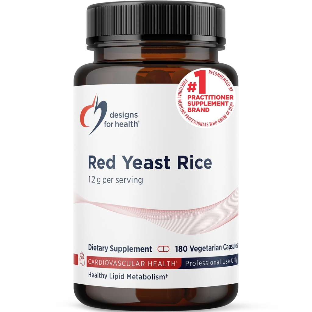 Designs for Health Red Yeast Rice Capsules - 1200mg (1.2g) Tillägg för att stödja hjärt-kärlhälsa - Icke-GMO, gjord med USA-växande organiska röda jästris (180 kapslar)