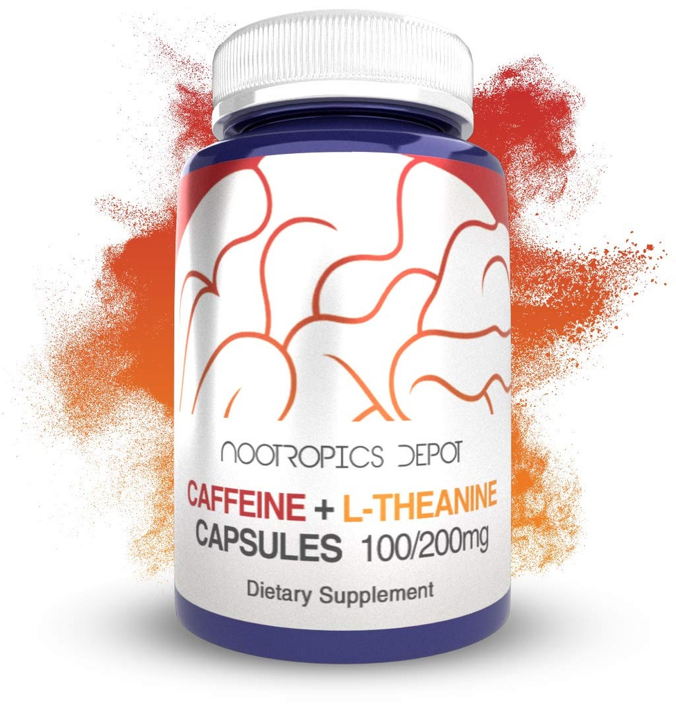 Nootropics Depot Caffeine L-Theanine Capsules | 180 Pills | Contains 100mg of Caffeine and 200mg of L-Theanine | Brain Booster | Energy Supplement | Increase Mental Focus + Alertness |