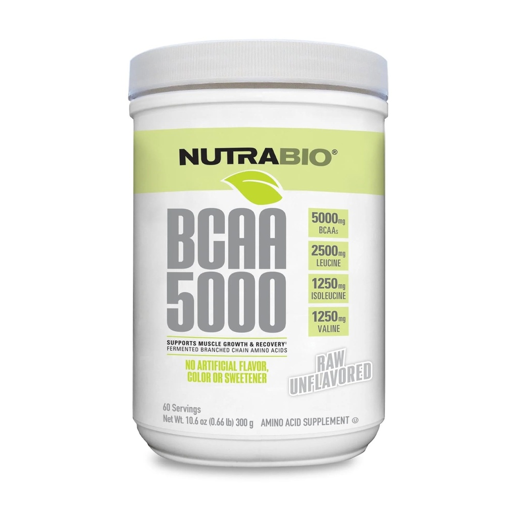 NutraBio BCAA 5000 Pulver - Fermenterad broschad kedja Aminosyror för muskeltillväxt och återhämtning - Naturliga smaker, sötningsmedel och färgning, Vegan, Glutenfri - Osmakad, 60 portioner