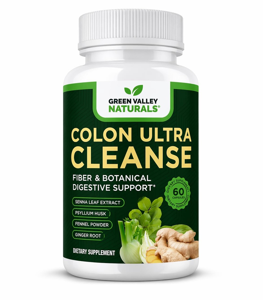 GREEN VALLEY NATURALS Colon Ultra Cleanse - Fiber & Herbal Supplement med Psyllium Husk, Senna Extract, Fennel & Ginger | Digestive Support & Gut Wellness | 60 kapslar