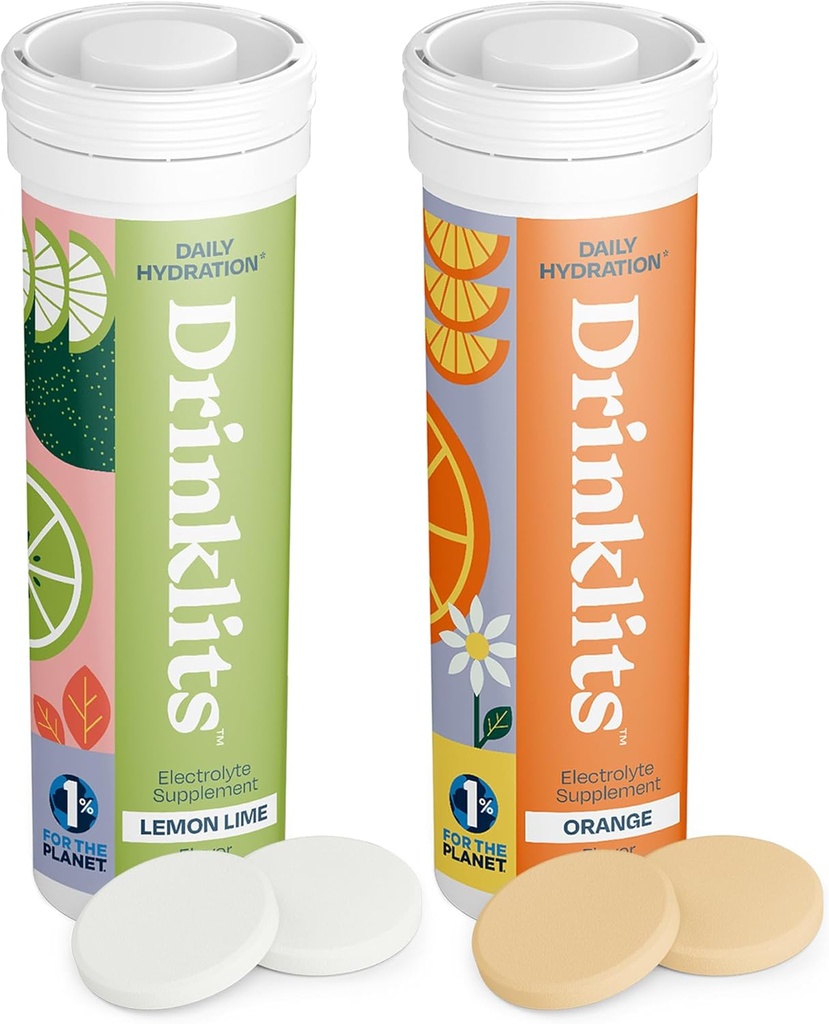 Drinklits Lemon-Lime & Orange Electrolyte tabletter (2) Tube Bundle | Citrus Daily Hydration Combo Pack | Utsökta naturliga smaker - 0g Sugar - Daglig användning | 20 portioner - 10 tabletter Per Tube