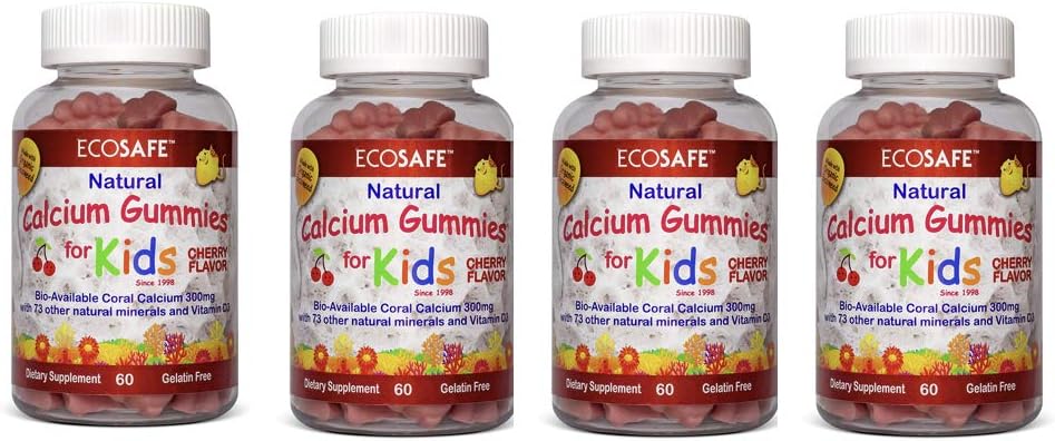 Coral Calcium Vitamin D3 Kids Gummy, Natural Cherry Flavor, Non GMO, Gluten-Free, Dairy-Free, Soy-Free and Gelatin Free - 300 mg of Calcium, and 800 IU of Vitamin D3-60 Gummies (4 Pack)