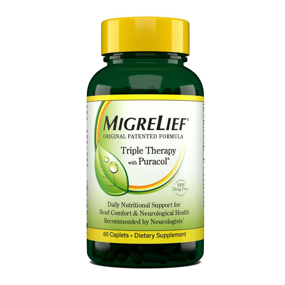 MigreLief Original Triple Therapy med Puracol - Nutritional Support för Migraine Sufferers - 60 Caplets / 1 månad Supply