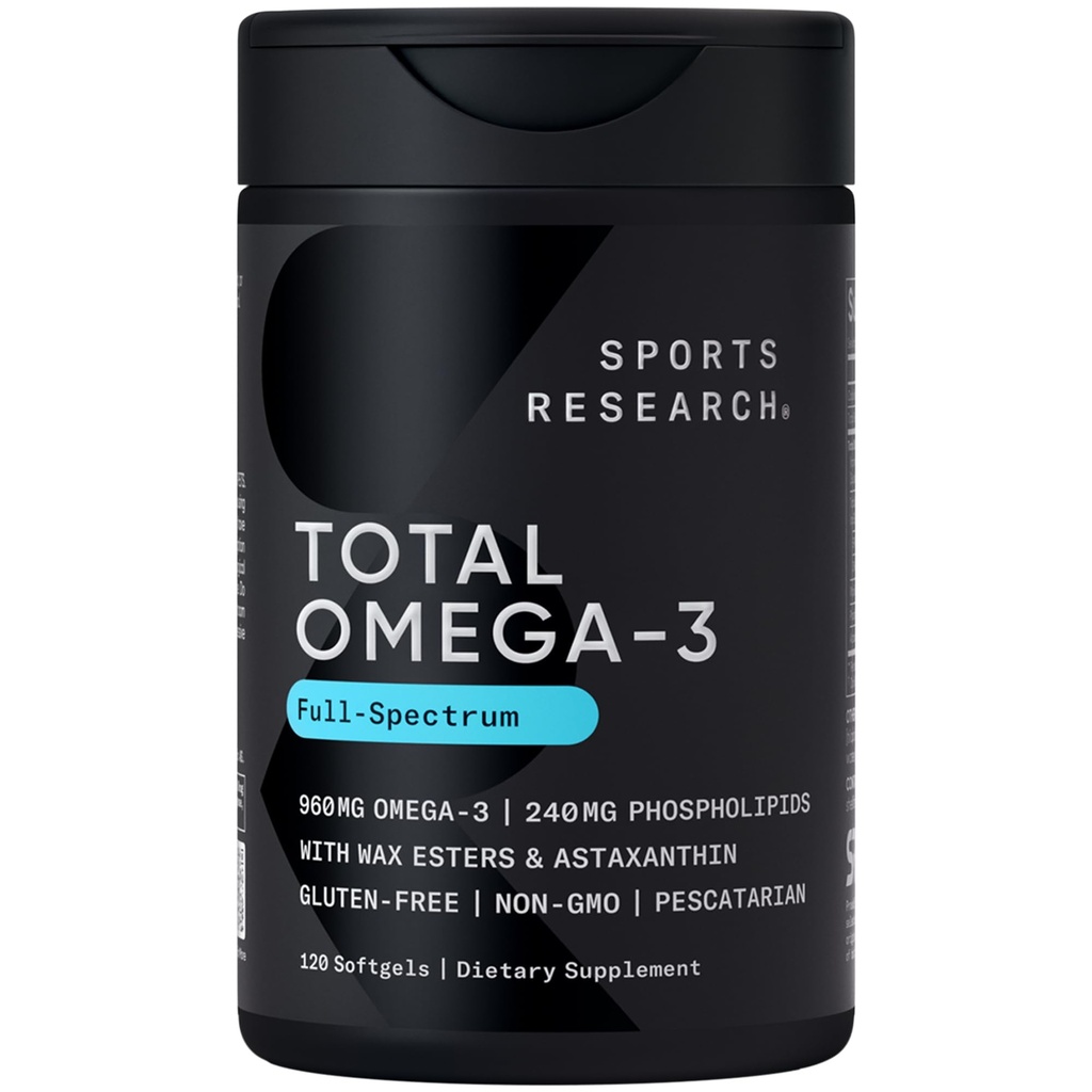 Sports Research Total Omega-3 Fish Oil 2200mg - Tillverkad av Antarctic Krill w/Astaxanthin, Wild Sockeye Salmon & Alaska Pollock - 960mg EPA & DHA - 120 Softgels