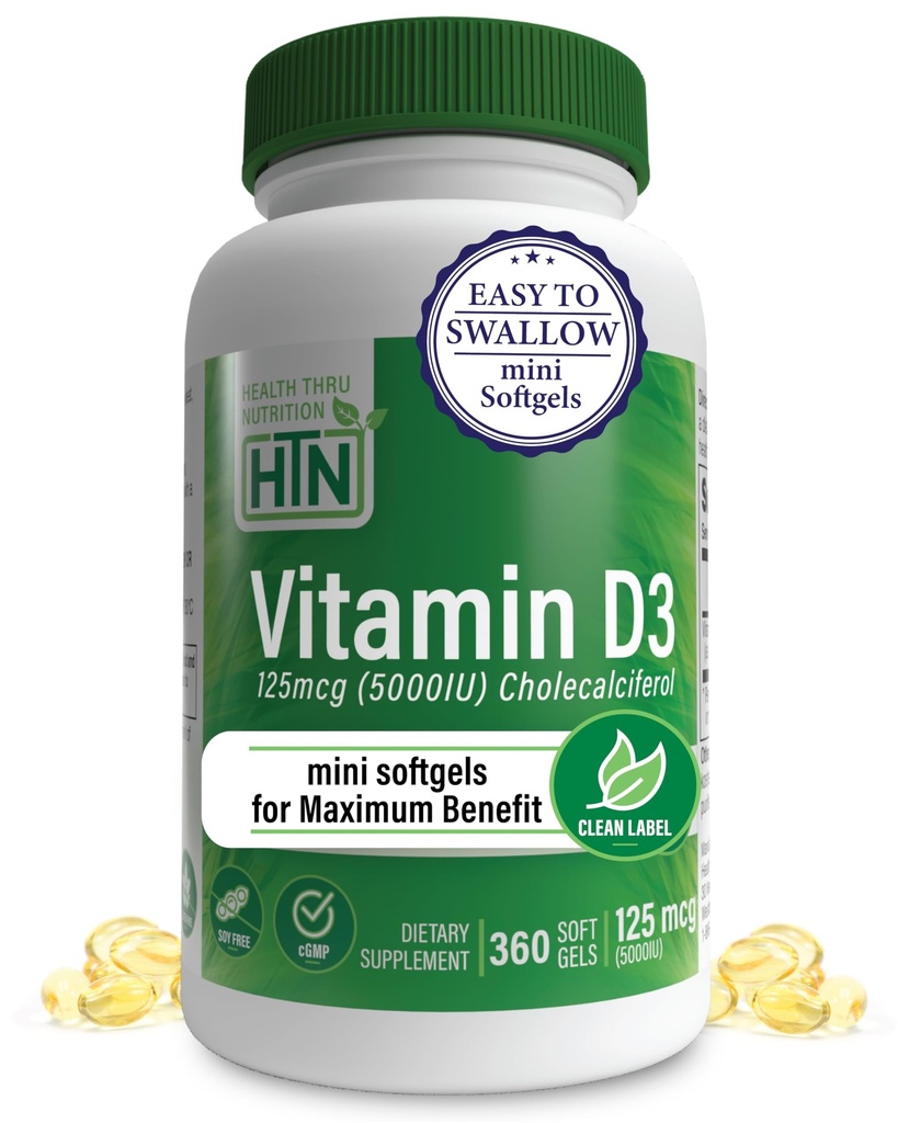 Health Thru Nutrition Vitamin D3 5000iu 360 Mini Softgels för Maximal Benefit Year Supply | 125mcg Cholecalciferol | 3rd Party Tested | Non-GMO USP Grad i organisk EVOO | Immun Health Support