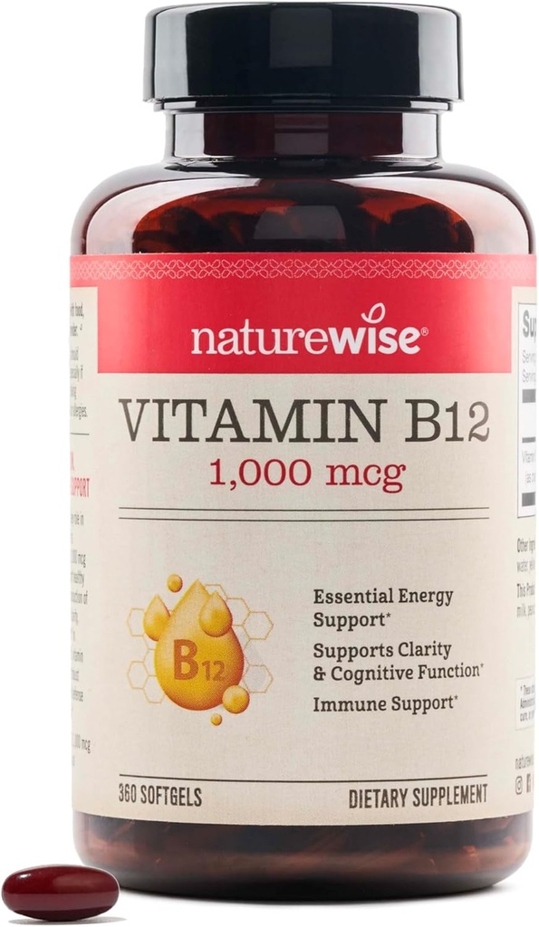 NatureWise Vitamin B12 1000 mcg - Dietary Supplement for Supporting Energy Metabolism, Mental Clarity, Nervous System Health - Easy-to-Swallow, Soy & Gluten-Free, Non-GMO - 360 Count[1-Year Supply]