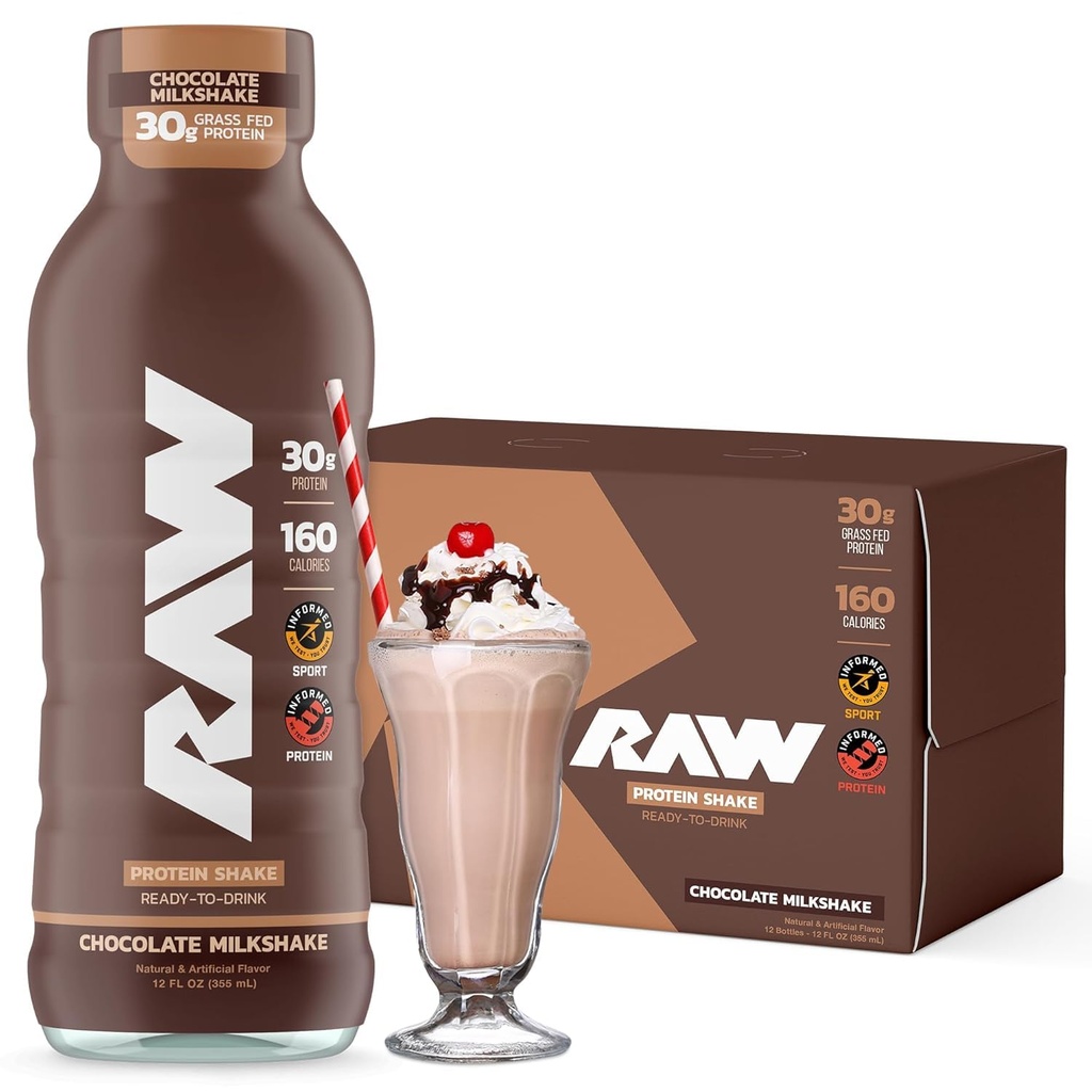 RAW Ready-to-Drink Protein Shake, Chocolate - RTD Protein Drinks med Grass-Fed Whey Protein Isolate för Post-Workout - Zero-Sugar & Gluten-Free Meal Replacement Drink & Breakfast Shake, 12 Fl Oz
