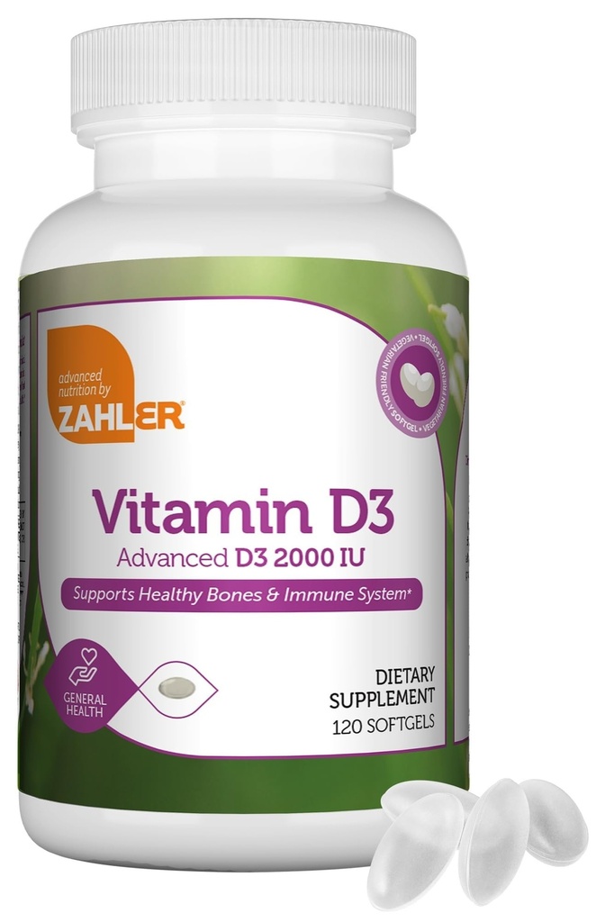 Zahler - Avancerad vitamin D3 2000 IE Softgels (120 greve) Kosher Vegetarian Friendly Vitamin D för immunstöd, ben, tänder och muskelhälsa - Daglig D3 Vitamin Supplement för vuxna - Easy Swallow V